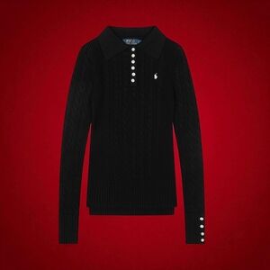 Ralph Lauren Black Cable Knit V-Neck Sweater